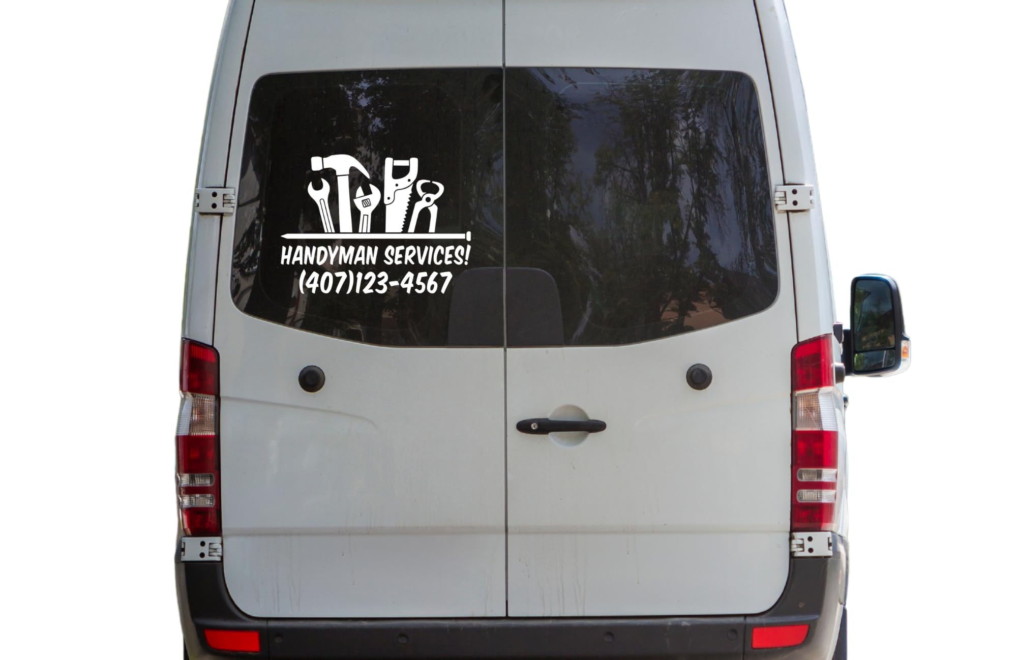 Handyman Services Vinyl Decal Sticker with Tools Design and Custom Phone Number for Vehicle Window