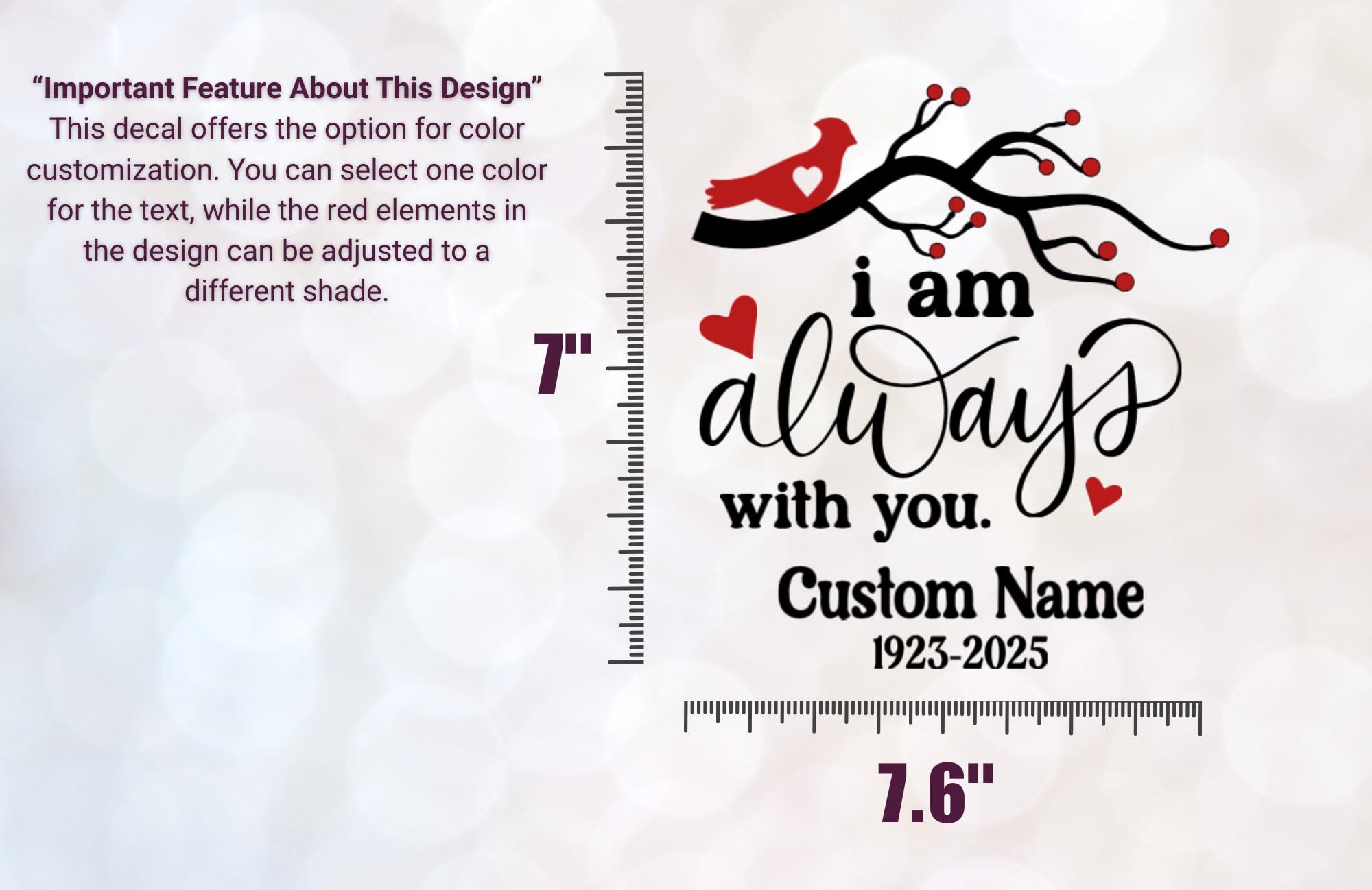 I Am Always with You Bird On Branch with Hearts Personalized RIP Car Window Vinyl Decal Sticker Custom Memorial Sympathy Gift
