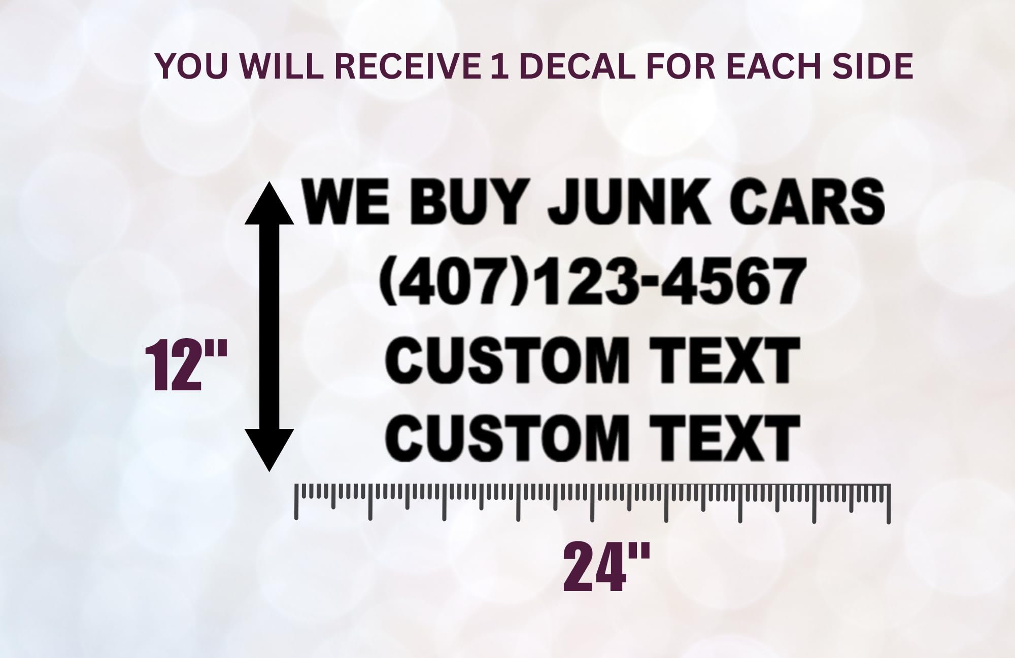 Custom Business Vinyl Decal Sticker, We Buy Junk Cars with Phone Number and Text, 24x12 Inch, Vehicle Window Decal