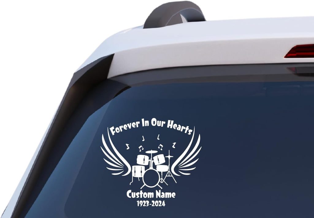 Forever in Our Hearts Drummer Memorial Decal, Custom Name and Dates, Vinyl Car Window Sticker with Wings and Music Notes