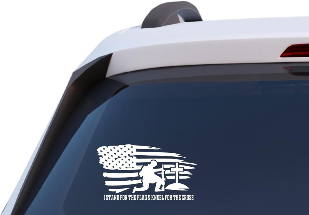 I Stand for The Flag and Kneel for The Cross Vinyl Decal Sticker, US Flag Design, White