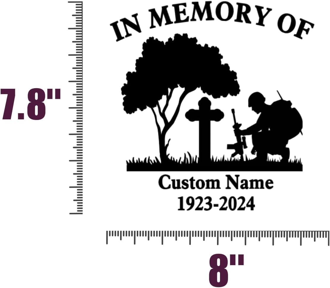 in Memory of Soldier Memorial Decal, Customizable Name and Dates, Kneeling Soldier with Cross and Tree Design, Vinyl Sticker, 7.8 x 8 Inches