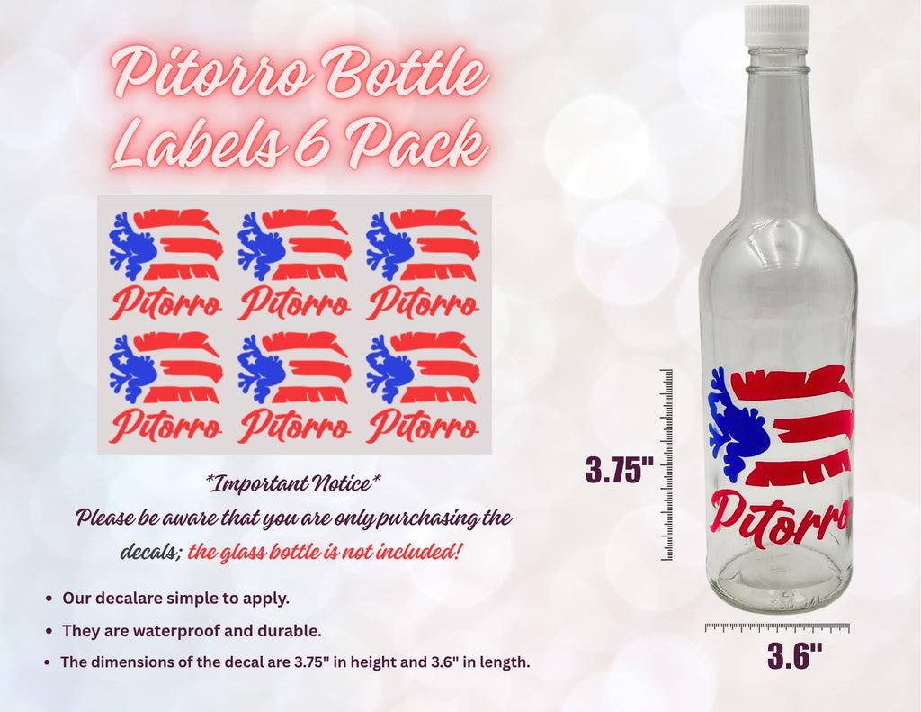 Pitorro Bottle Vinyl Decal Labels, Puerto Rico Flag Design, Waterproof, 3.75 x 3.6 Inches, Glossy Finish, 6 Pack (Glass Bottle NOT Included)