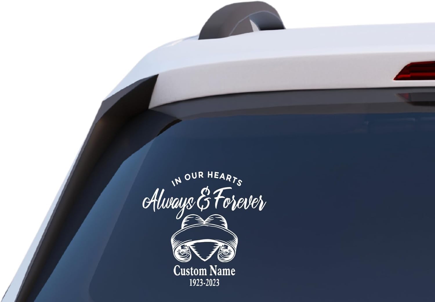 Personalized Memorial Car Window Decal – In Our Hearts Always & Forever Custom Name & Date Vinyl Sticker