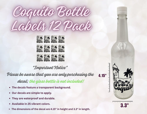Coquito Puerto Rico Glass Bottle Vinyl Decal Stickers, 12 Pack, Decorative Waterproof Labels with Morro Design