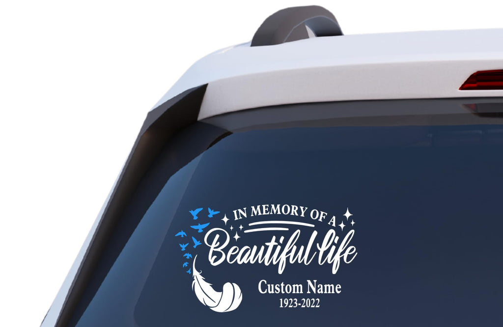 in Memory of a Beautiful Life Memorial Decal, Custom Name and Date Vinyl Car Sticker with Feather and Birds Design