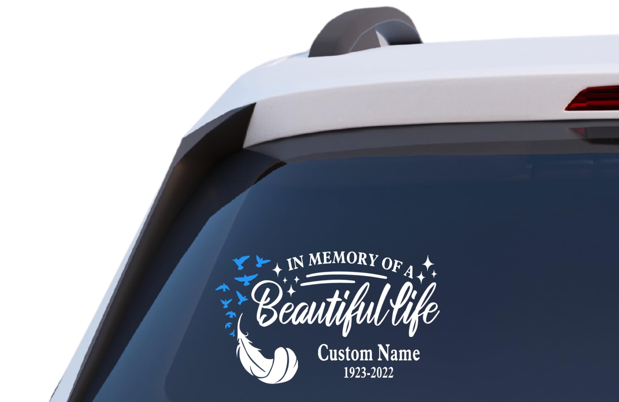 in Memory of a Beautiful Life Memorial Decal, Custom Name and Date Vinyl Car Sticker with Feather and Birds Design