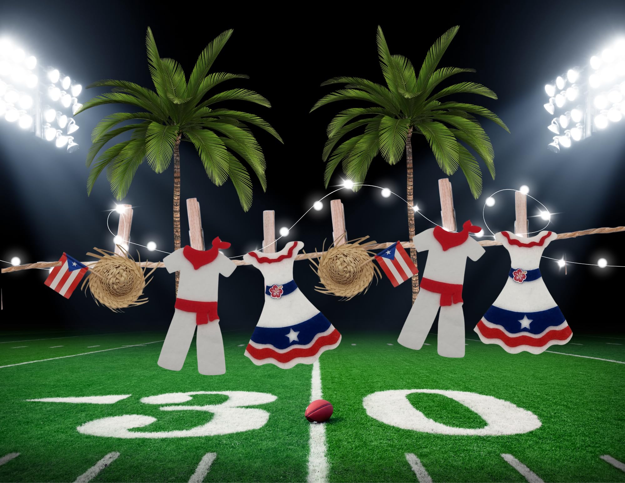 Jibaro Puerto Rican Theme Patriotic Clothes Line Garland, Red White Blue Felt Fabric Dresses and Outfit with Mini Pavita Hats, 3ft Decorative Garland String with Wooden Clips, Football Party Decor