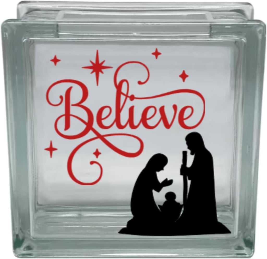 Believe Nativity Scene Glass Block Decal, Christmas Religious Vinyl Sticker (Block Not Included)