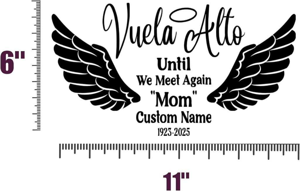 Vuela Alto Memorial Decal with Angel Wings, Until We Meet Again Custom Name and Dates, Vinyl Car Window Sticker, 6x11 Inch