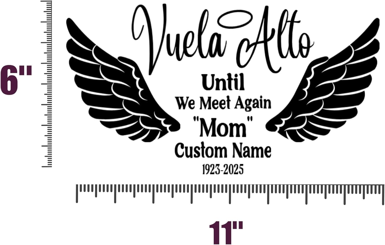 Vuela Alto Memorial Decal with Angel Wings, Until We Meet Again Custom Name and Dates, Vinyl Car Window Sticker, 6x11 Inch
