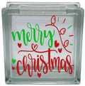 Glass block with 'Merry Christmas' text and decorative elements on a white background