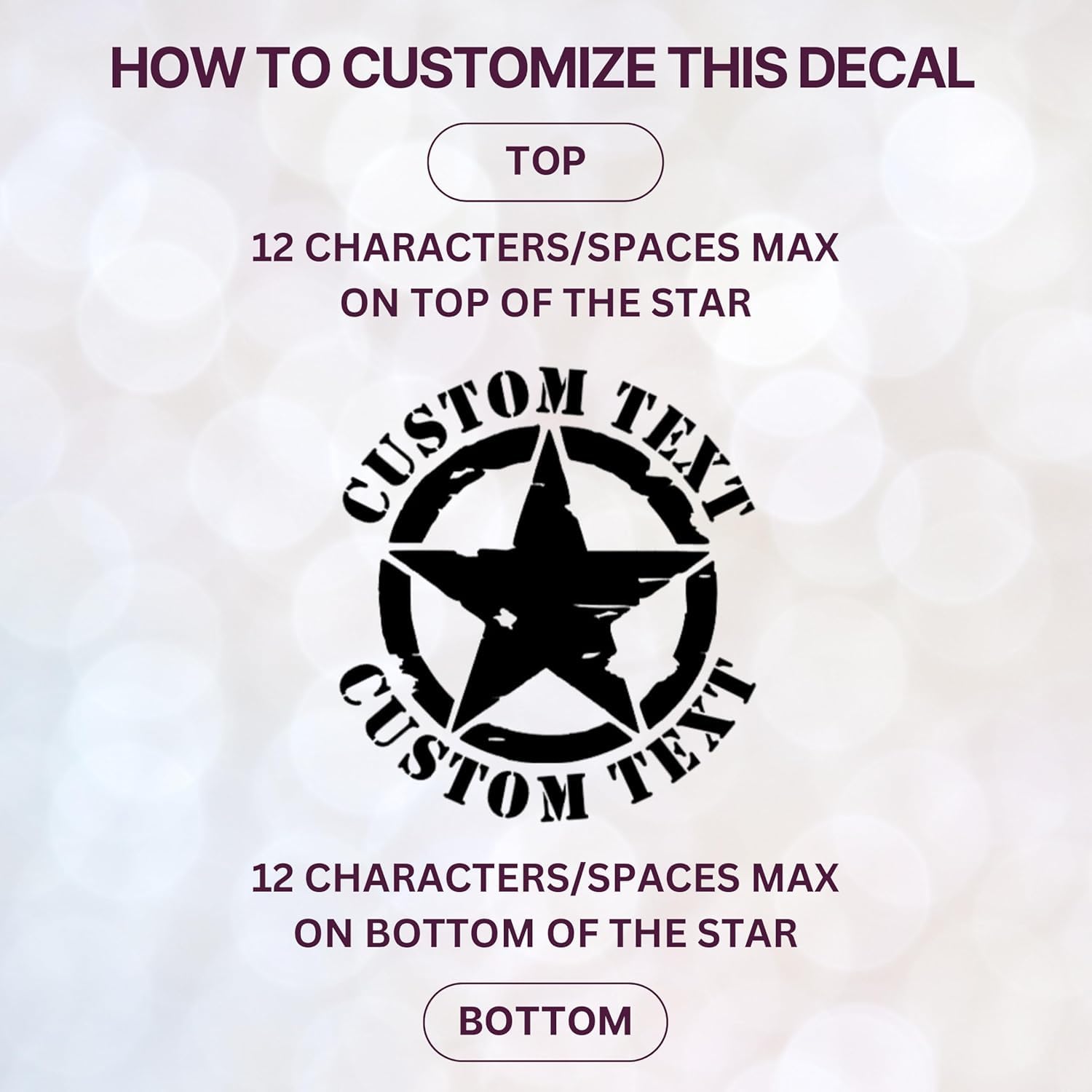 Custom Text Military Star Vinyl Decal Sticker, 5 Point Star Design, Customizable Vehicle Decal