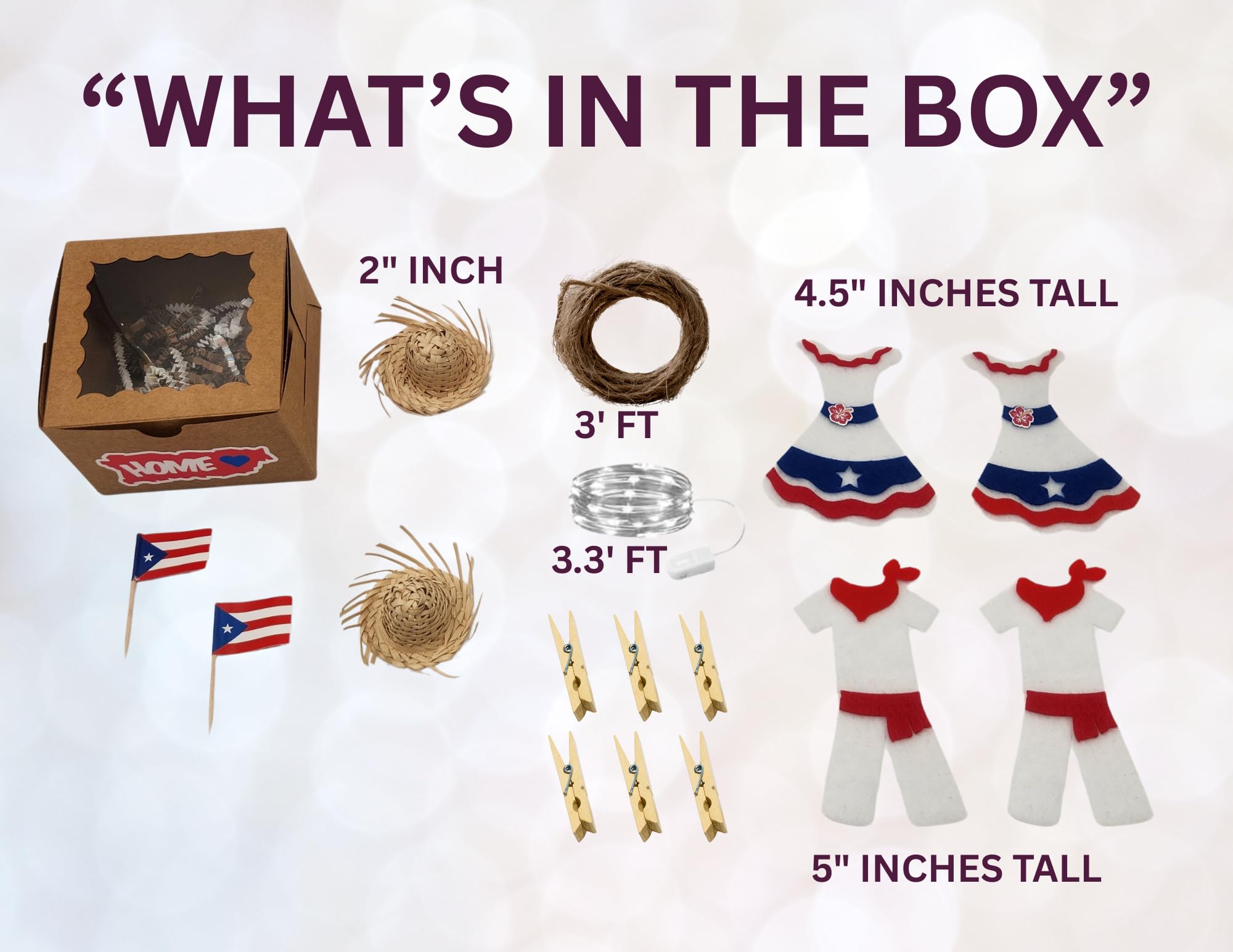 Jibaro Puerto Rican Theme Patriotic Clothes Line Garland, Red White Blue Felt Fabric Dresses and Outfit with Mini Pavita Hats, 3ft Decorative Garland String with Wooden Clips, Football Party Decor