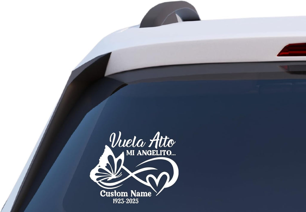 Vuela Alto Mi Angelito Memorial Car Decal, Custom Name with Butterfly and Heart Design, Vinyl Window Sticker