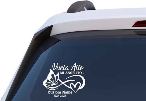 Vuela Alto Mi Angelito Memorial Car Decal, Custom Name with Butterfly and Heart Design, Vinyl Window Sticker