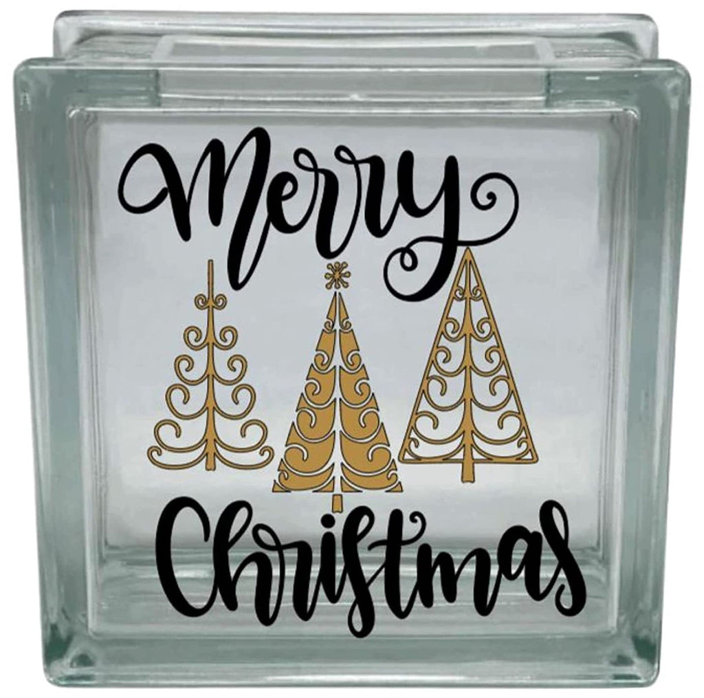 Glass block with 'Merry Christmas' text and gold Christmas trees on a white background