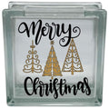 Glass block with 'Merry Christmas' text and gold Christmas trees on a white background