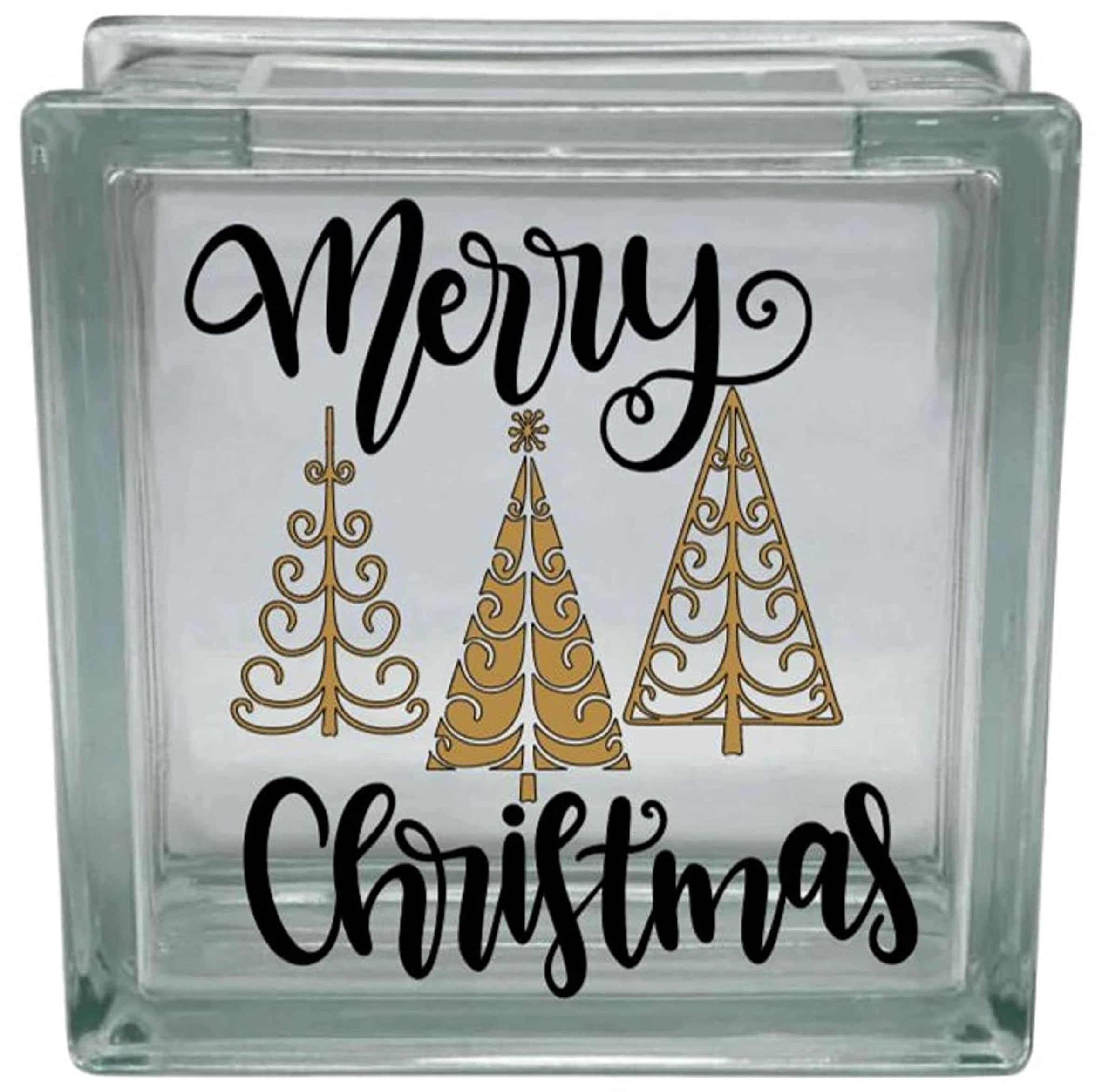 Glass block with 'Merry Christmas' text and gold Christmas trees on a white background