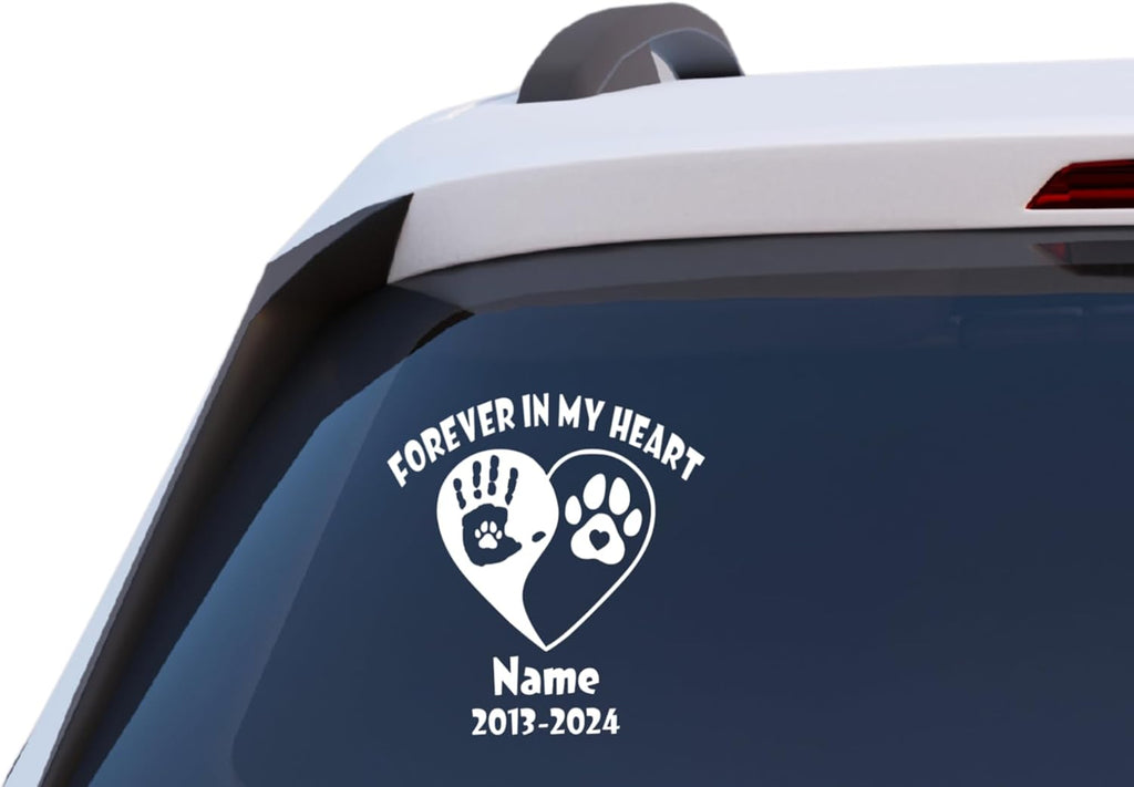 Forever in My Heart Pet Memorial Decal, Customizable Name and Date, Hand and Paw Print Design, Vinyl Car Window Sticker