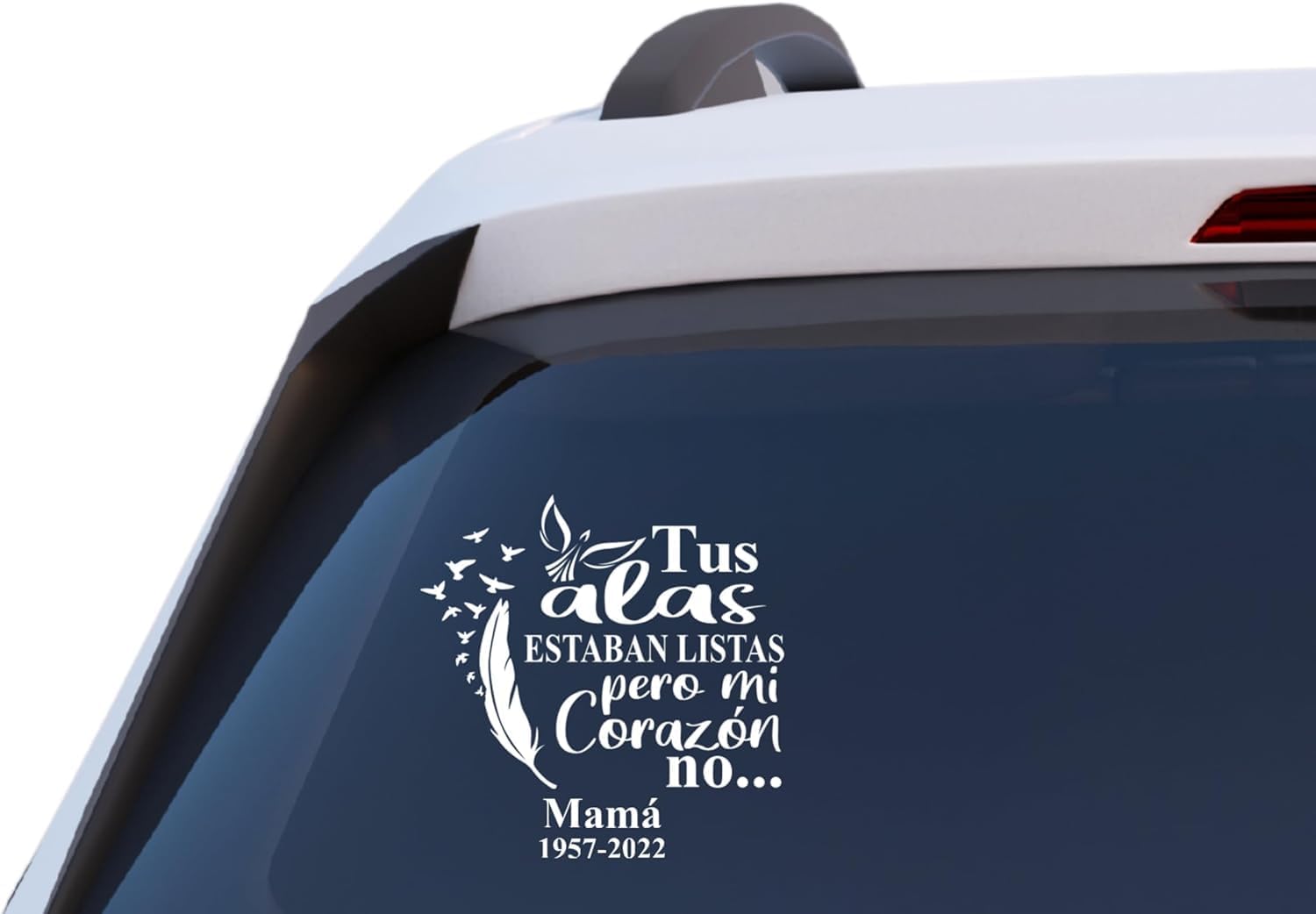 Memorial Decal Spanish Tus Alas Estaban Listas Pero Mi Corazon No, 7.5 Inch Vinyl Car Decal with Feather and Birds Design, Customizable with Name and Dates
