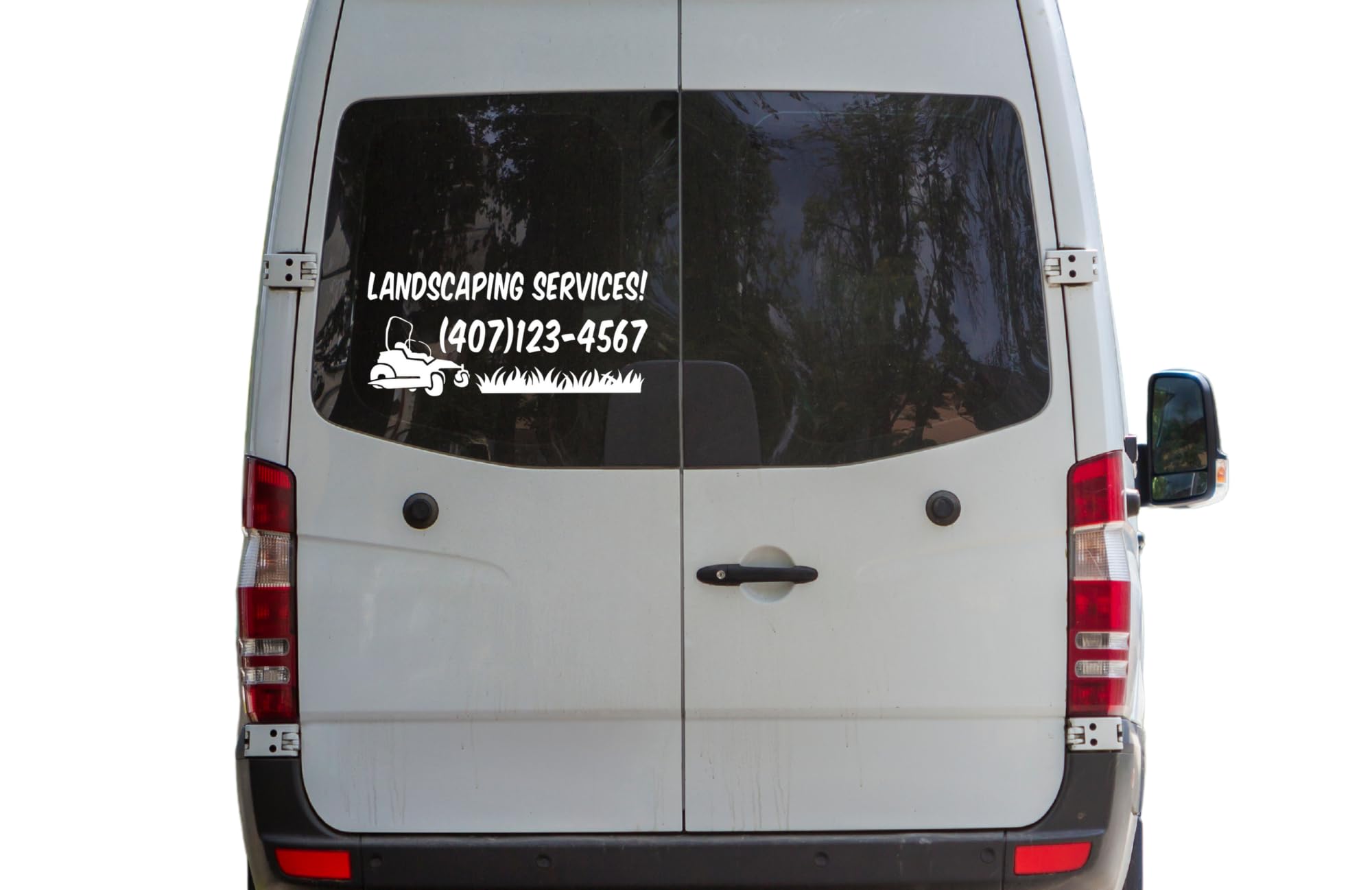 Landscaping Services Custom Phone Number Truck Window Decal, Vinyl Sticker with Lawn Mower Graphic