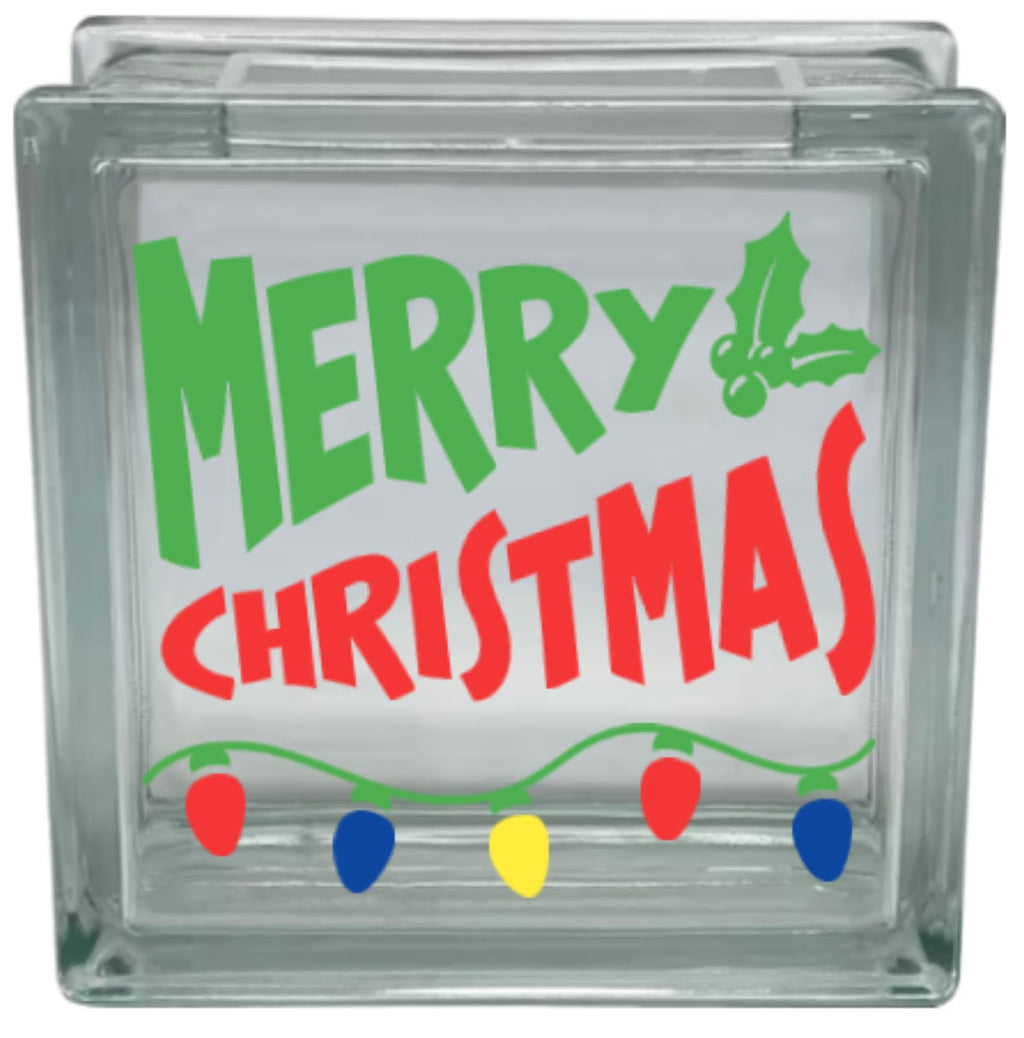 Glass block with 'Merry Christmas' text and festive design on a white background