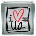Clear glass block with 'i ❤️ us' text and heart design on a white background