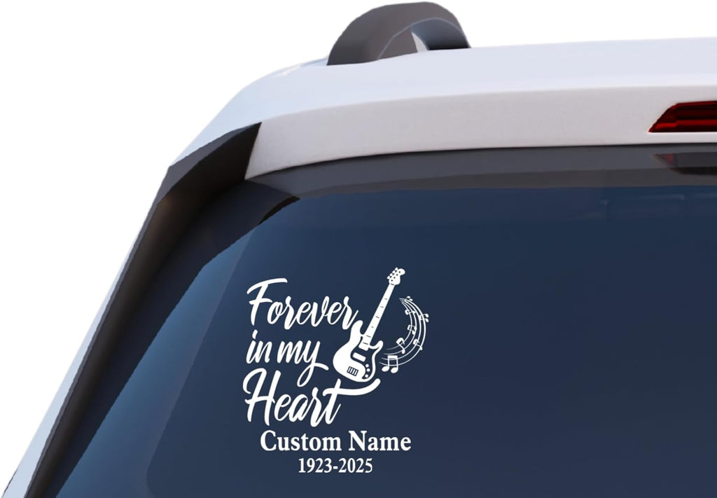 Forever in My Heart Guitar Memorial Decal, Custom Name and Dates, Vinyl Car Window Sticker