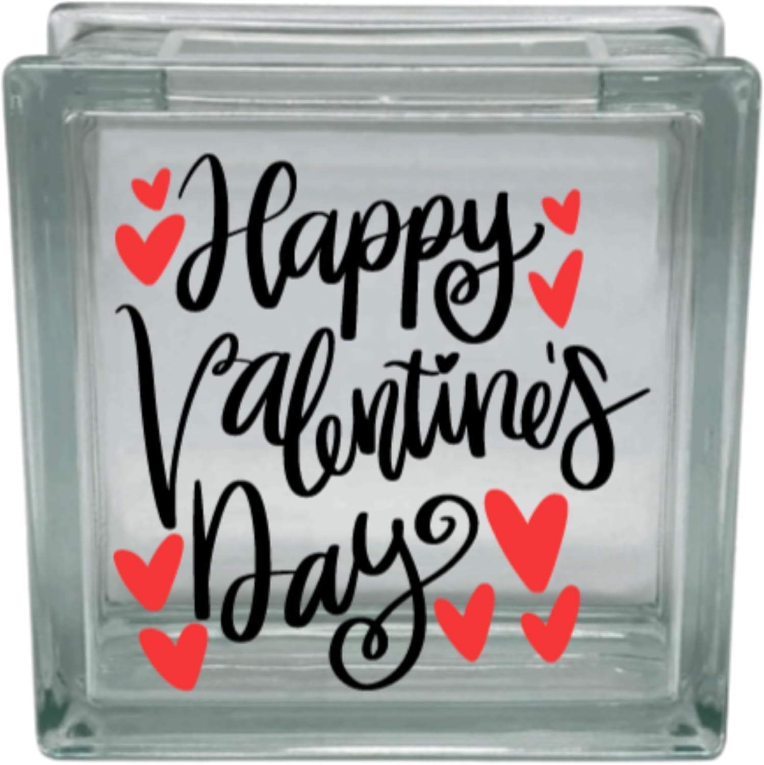 Glass block with 'Happy Valentine's Day' text and red hearts