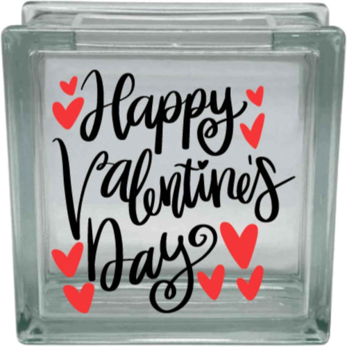 Happy Valentines Day Glass Block Decal with Hearts, Vinyl Sticker Decoration