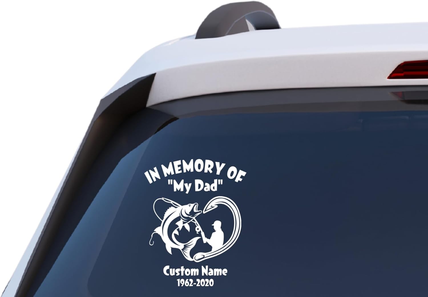 In Memory of My Dad Fishing Memorial Car Decal – Personalized Fisherman Tribute Vinyl Sticker with Custom Name & Dates