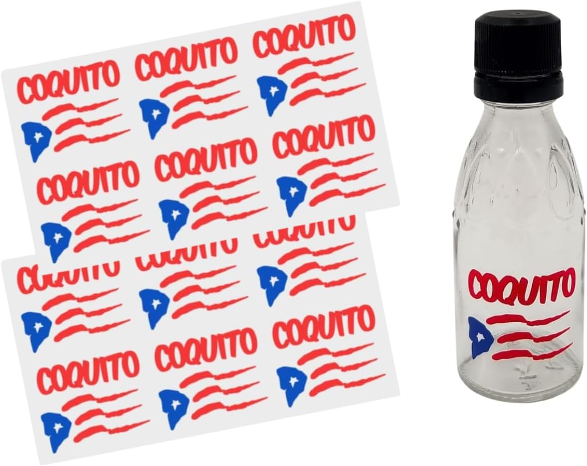 Puerto Rico Travel Size Coquito Bottle Decals, 12 Pack Waterproof Vinyl Miniature Decal Stickers Morro Hibiscus Flower Palm Tree Design Bottle Labels