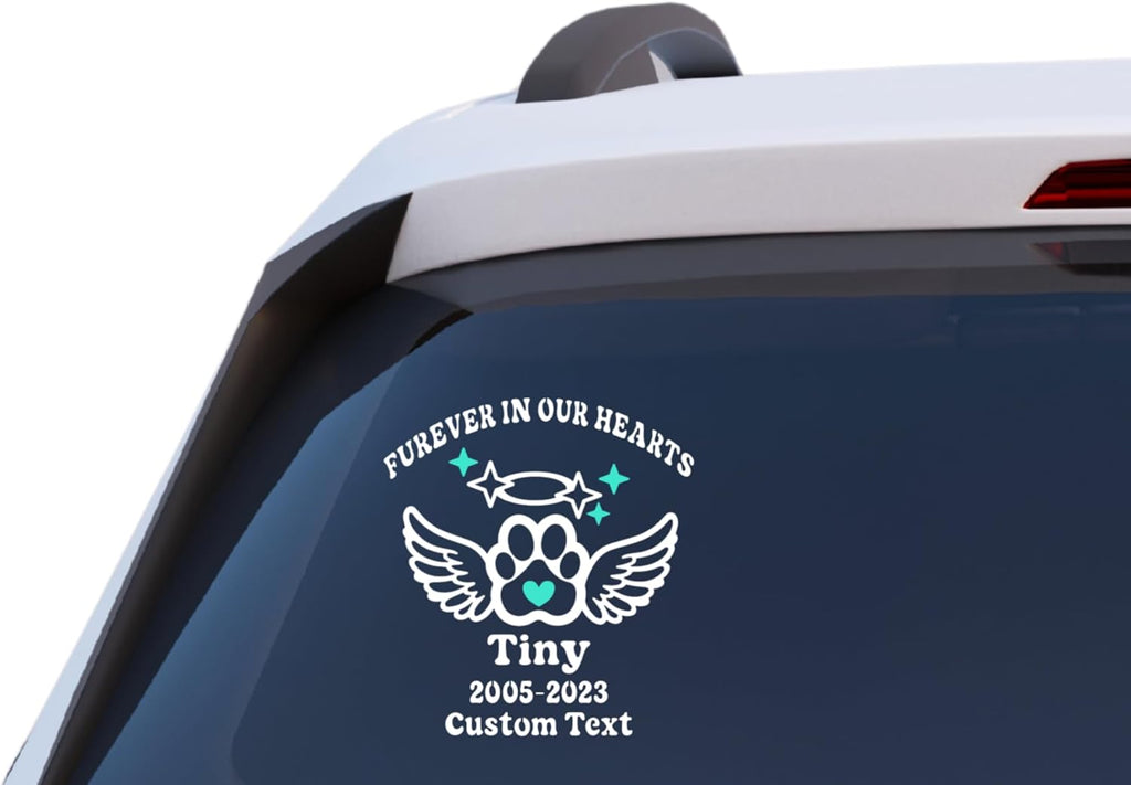 Furever in Our Hearts Pet Memorial Car Decal, Custom Vinyl Sticker with Angel Wings and Paw Print