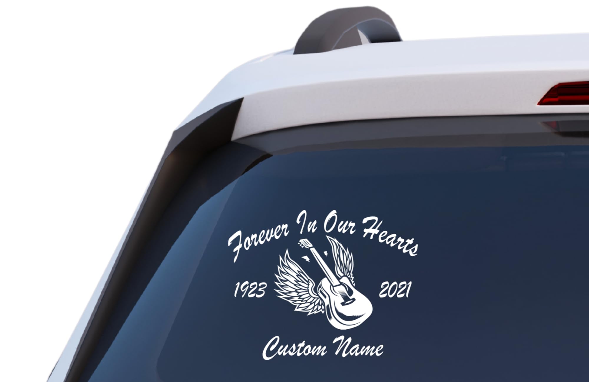 Forever in Our Hearts Guitar Memorial Decal, Customizable Vinyl Car Window Sticker with Angel Wings Design