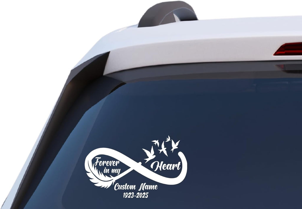 Forever in My Heart Infinity Memorial Decal, Custom Name and Date, Vinyl Car Window Sticker with Feather and Birds Design