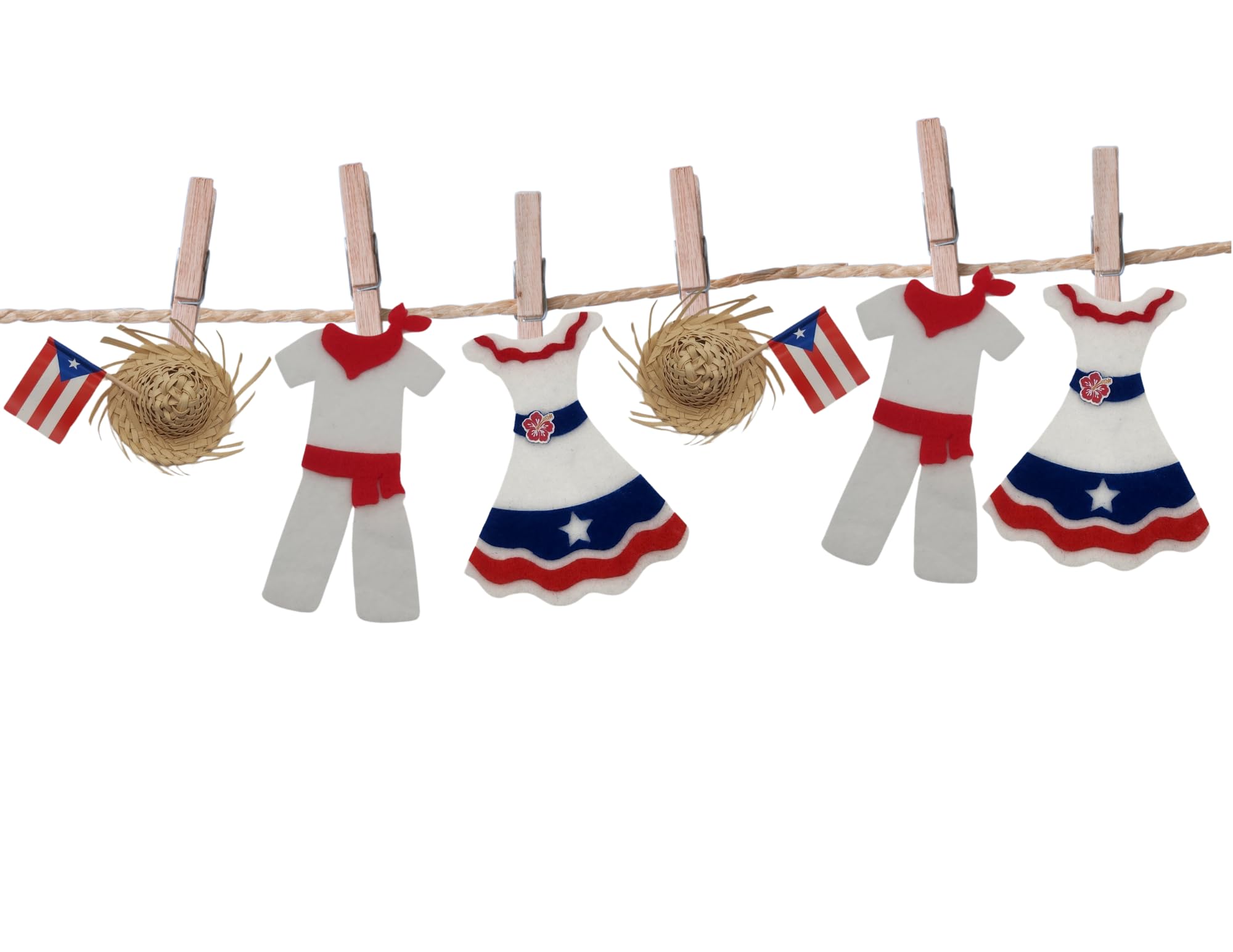 Jibaro Puerto Rican Theme Patriotic Clothes Line Garland, Red White Blue Felt Fabric Dresses and Outfit with Mini Pavita Hats, 3ft Decorative Garland String with Wooden Clips, Football Party Decor