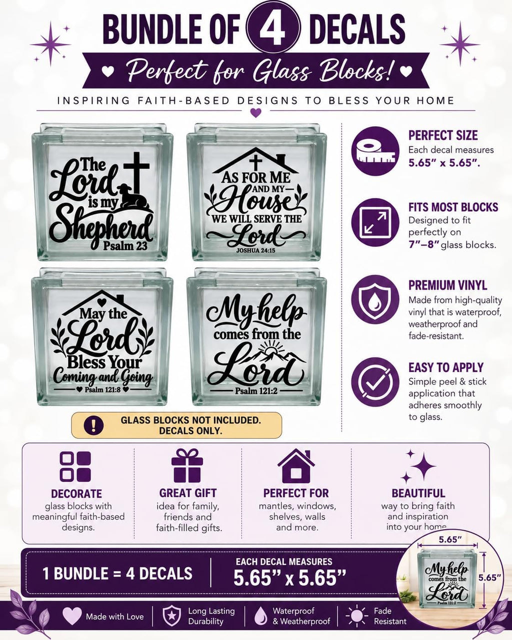 Bible Verse Glass Block Stickers – Set of 4 Christian Vinyl Decals
