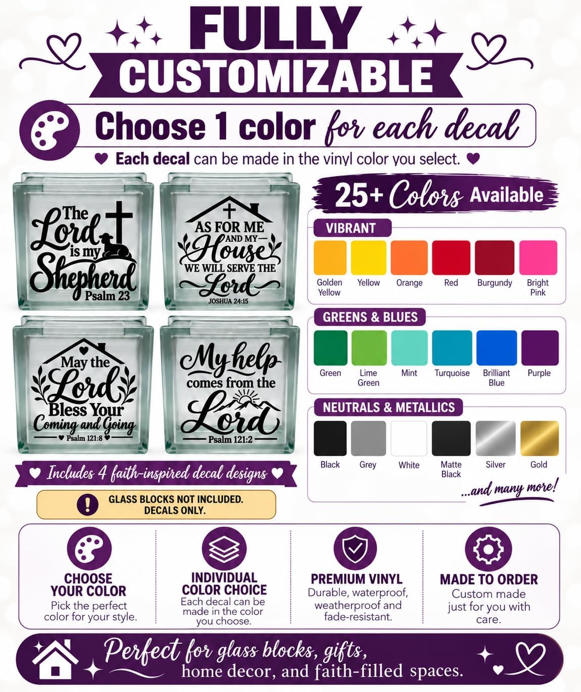Bible Verse Glass Block Stickers – Set of 4 Christian Vinyl Decals