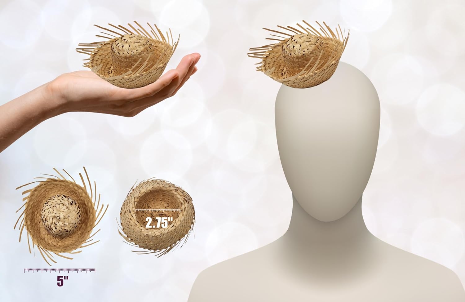 Mini Pavita Hats, Natural Straw Woven, 5 Inch, Frayed Edge Design, 2 Pack