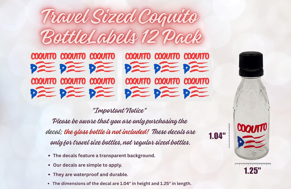 Puerto Rico Travel Size Coquito Bottle Decals, 12 Pack Waterproof Vinyl Miniature Decal Stickers Morro Hibiscus Flower Palm Tree Design Bottle Labels
