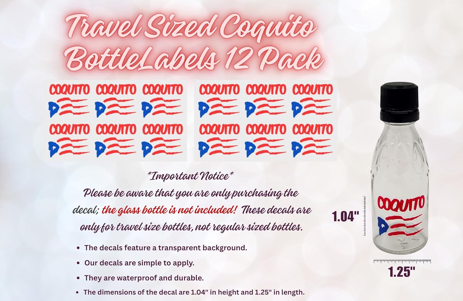 Puerto Rico Travel Size Coquito Bottle Decals, 12 Pack Waterproof Vinyl Miniature Decal Stickers Morro Hibiscus Flower Palm Tree Design Bottle Labels