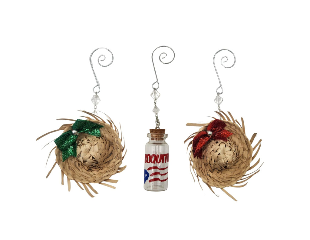 Jibaro Christmas Ornament 3 PC Set PK of (2) Mini 2" Pava Straw Traditional Pavita Hats Puerto Rico & (1) Mini Coquito Bottle Christmas Tree Ornaments Party Favors Birthday Souvenirs Set