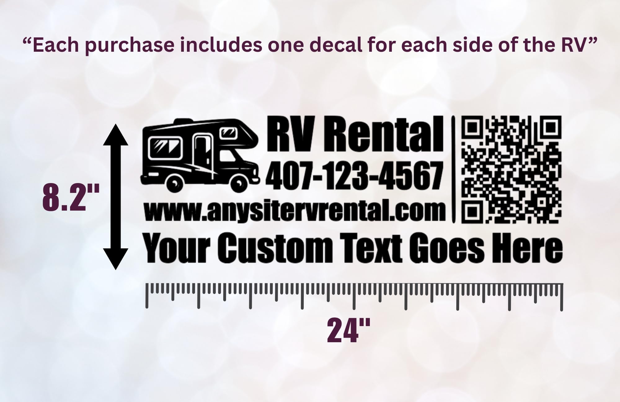 Custom RV Rental Vinyl Decal with QR Code and Phone Number, 24x8.2 Inch, 2 Pack