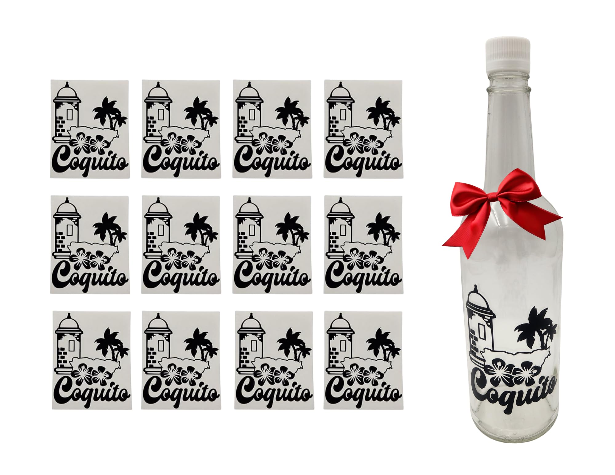 Coquito Puerto Rico Glass Bottle Vinyl Decal Stickers, 12 Pack, Decorative Waterproof Labels with Morro Design
