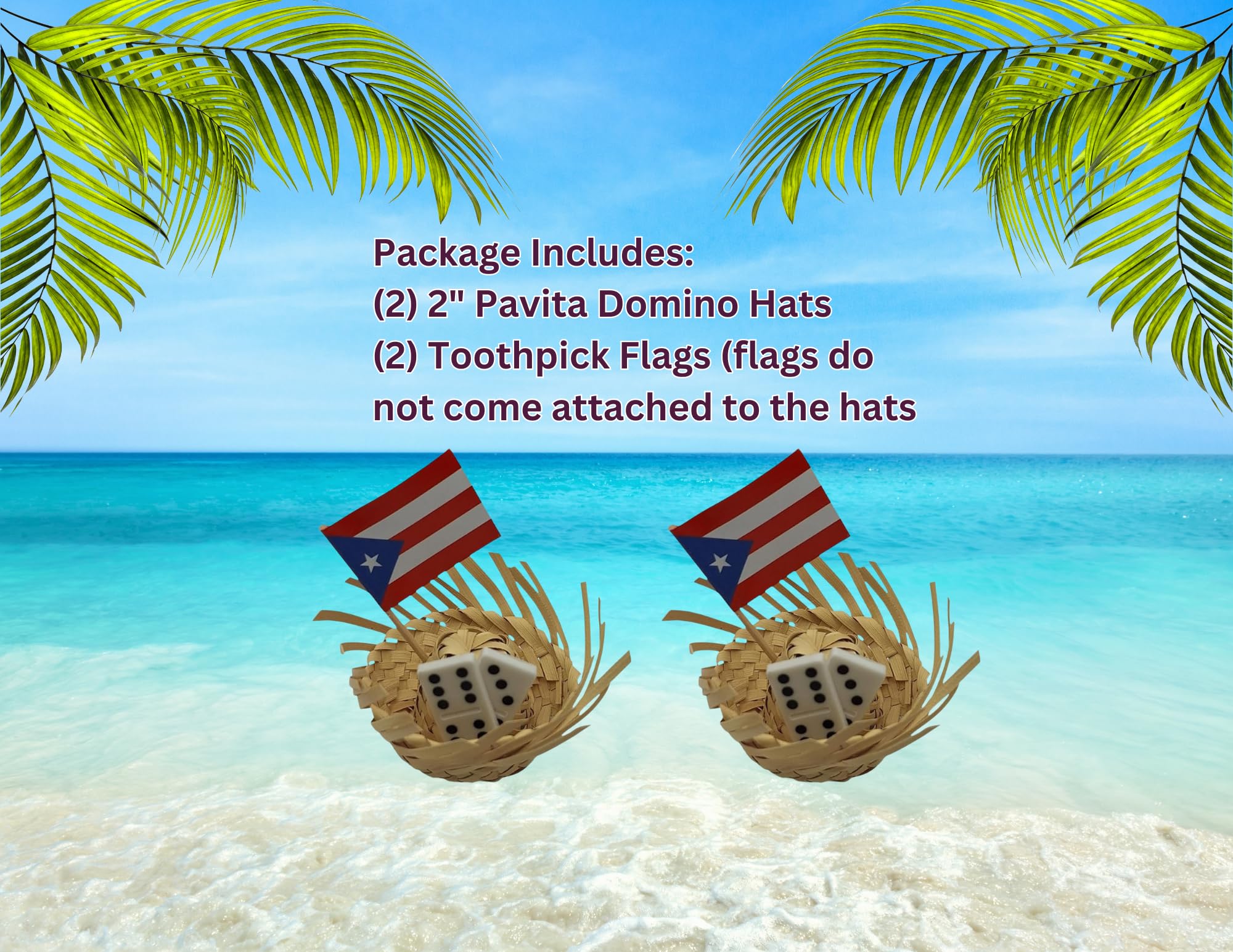 Pack of 2 Mini 2" Domino Edition Traditional Mini Pavita Hats & Puerto Rico Toothpick Flags Jibaro Pavas Party Favors Birthday Souvenirs Coquito Bottle Topper