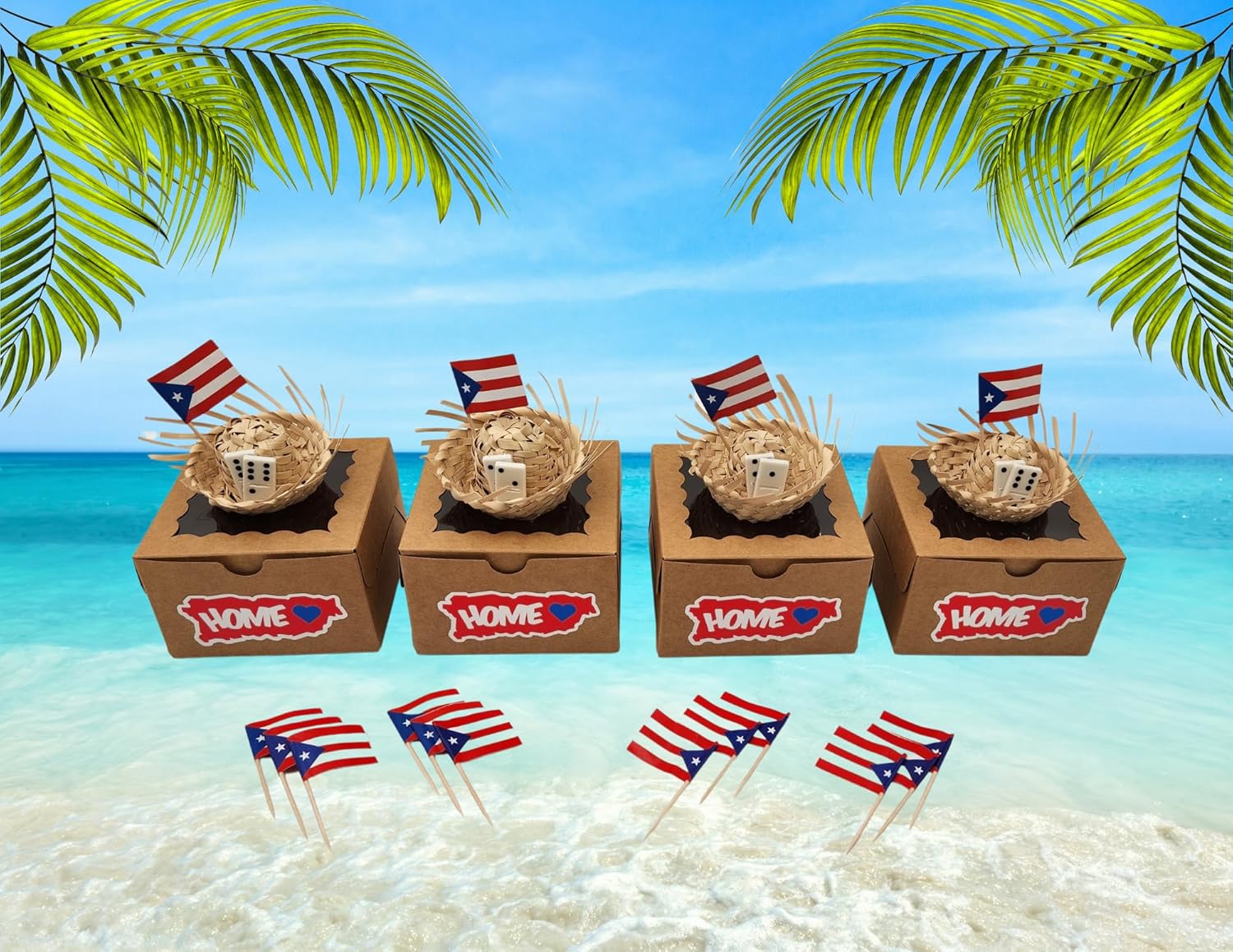 Random Little Finds Puerto Rico Mini Pavita Domino Hats Party Favor Boxes with Straw Hats and Toothpick Flags