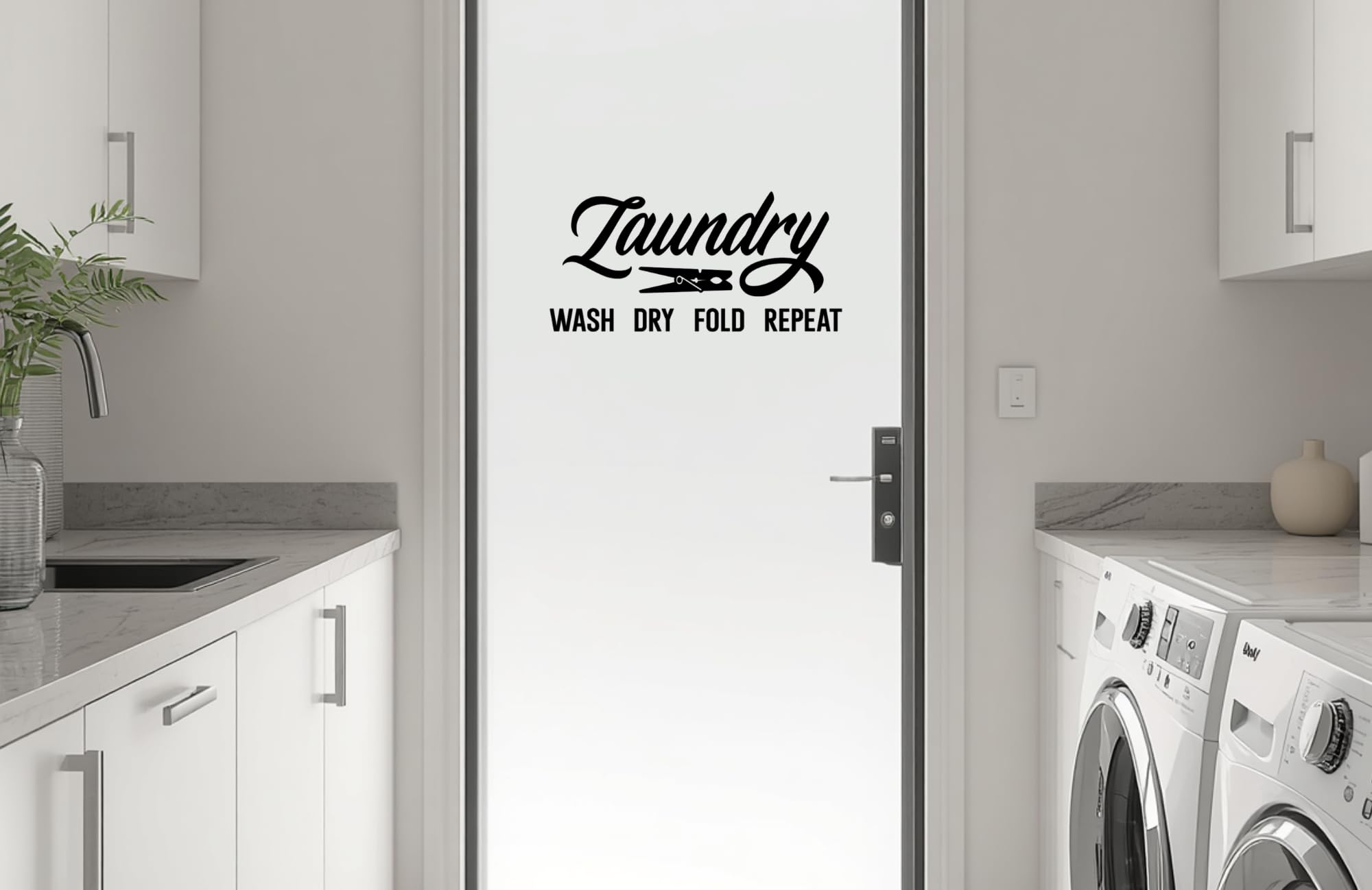 Laundry Wash Dry Fold Repeat Vinyl Wall Decal, Door Sticker, Multiple Color Options