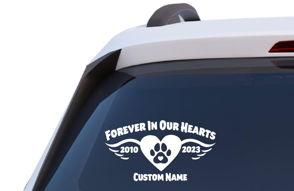 Forever in Our Hearts Pet Memorial Decal, Customizable Name and Years, Paw Print with Wings Design, Vinyl Car Window Sticker
