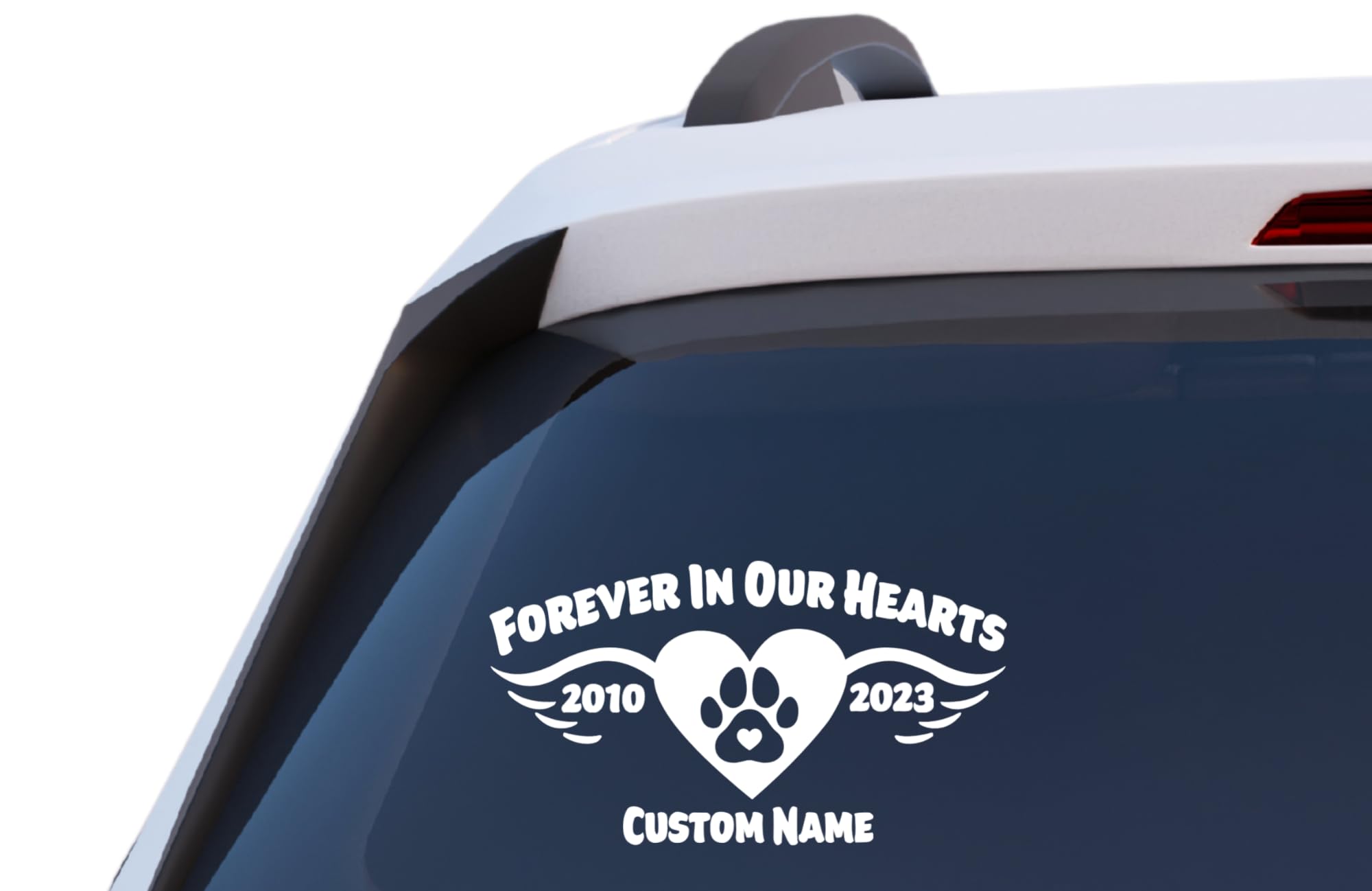 Forever in Our Hearts Pet Memorial Decal, Customizable Name and Years, Paw Print with Wings Design, Vinyl Car Window Sticker